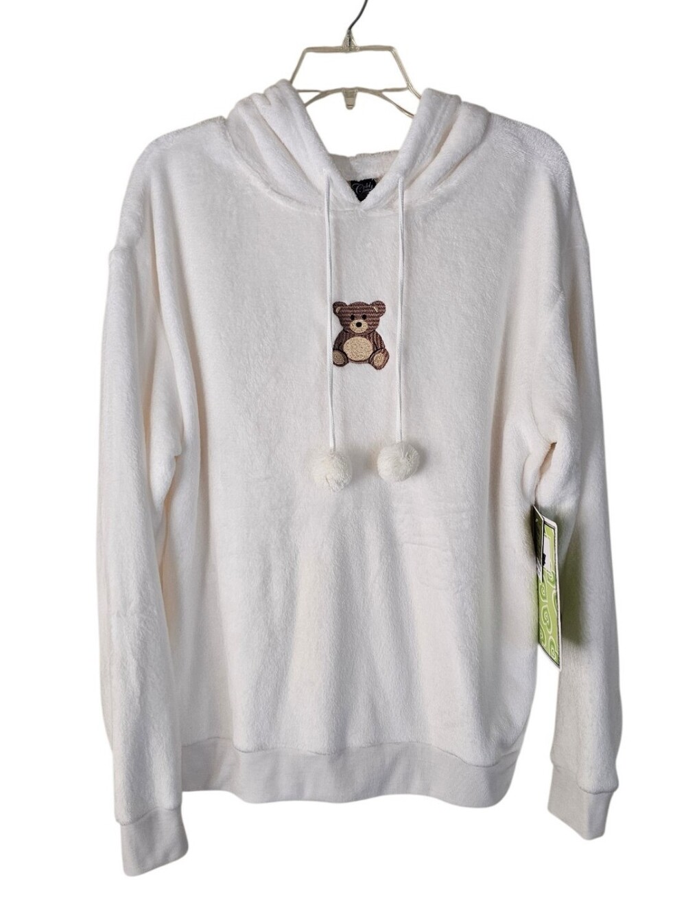 Cozy White Plush Hoodie with Teddy Embroidery